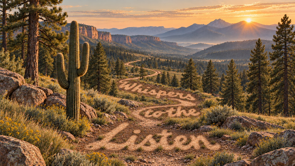 Illustrated Arizona landscape with a cactus, pine forests and mountains at sunset, with “Listen to the Whispers” forming a winding trail.