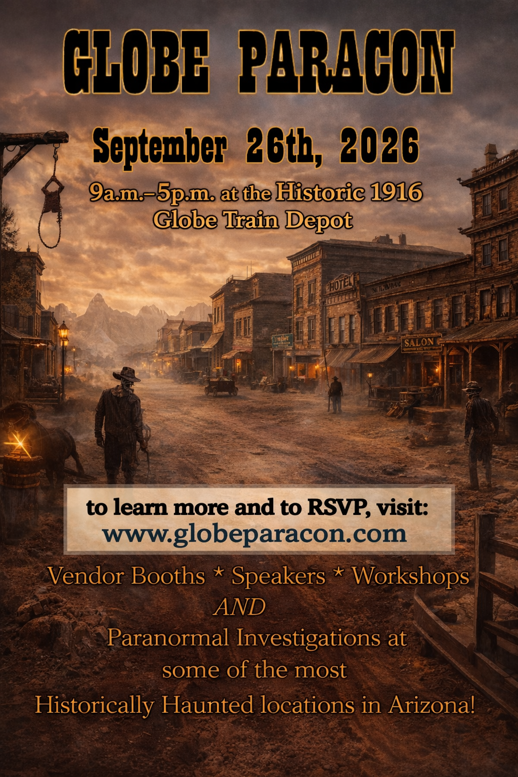 Globe ParaCon poster advertising the September 26, 2026 event with an illustrated historic Arizona streetscape.
