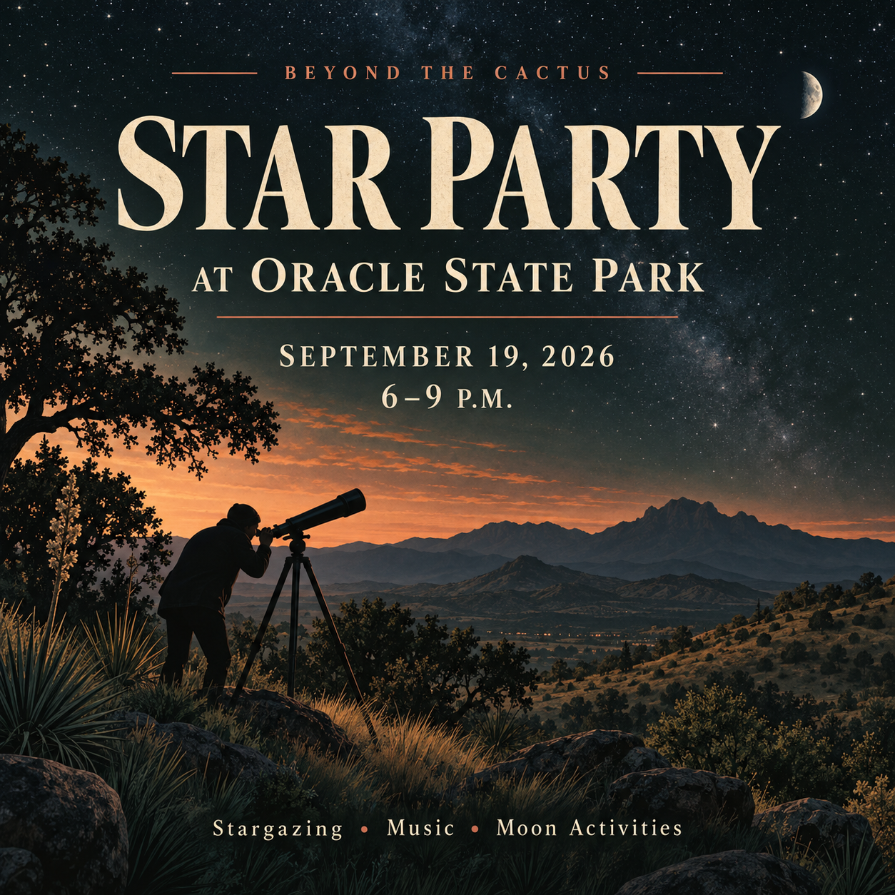 Oracle State Park star party graphic featuring a telescope beneath a starry sky over desert mountains.