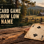 Illustration of a two of clubs on a rustic table overlooking a pine forest, with the words “How a Card Game Gave Show Low Its Name.”