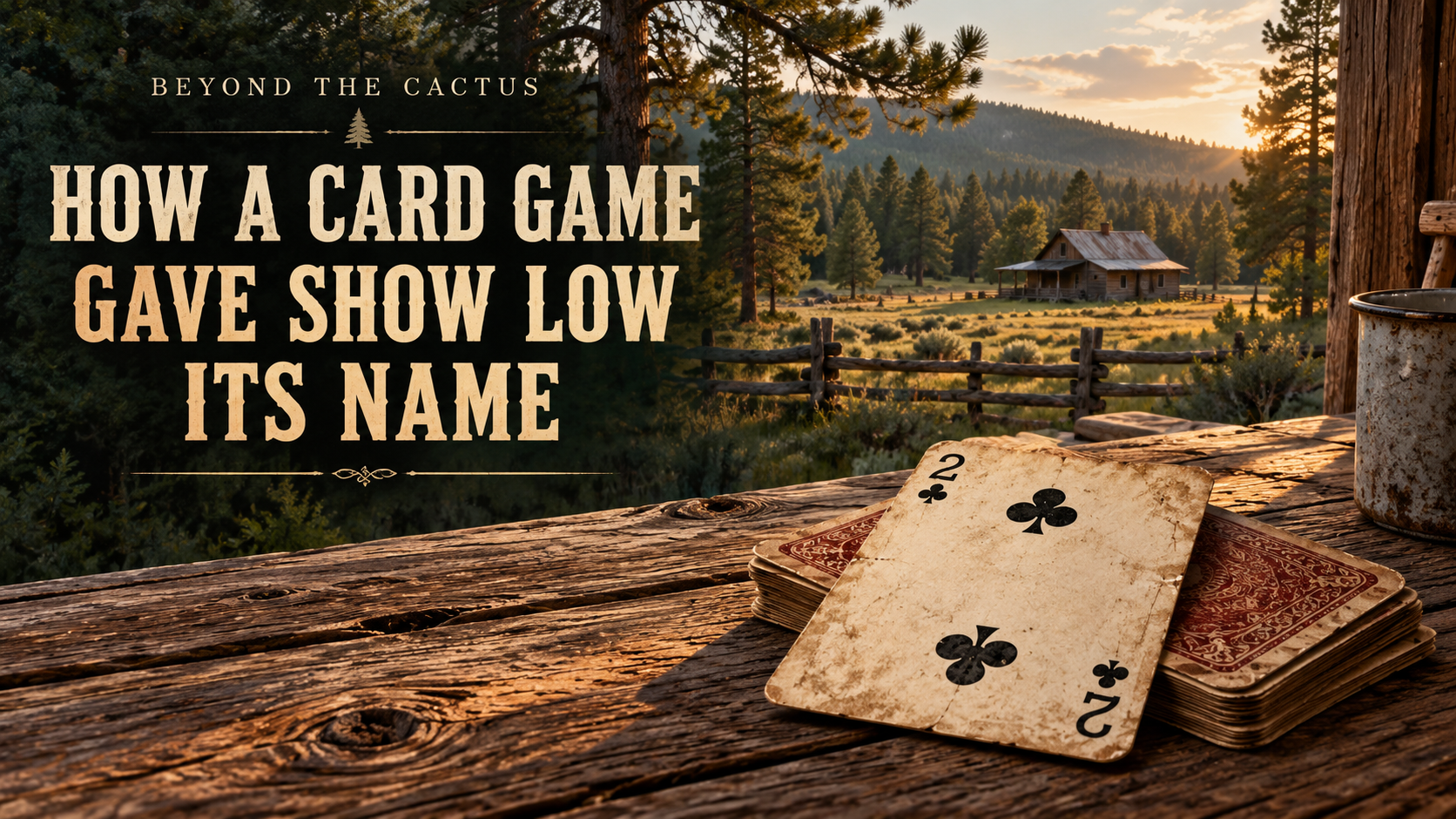 Illustration of a two of clubs on a rustic table overlooking a pine forest, with the words “How a Card Game Gave Show Low Its Name.”