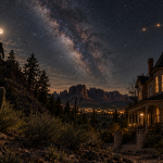 Arizona desert night with a shadowy cryptid, UFO lights and a ghostly Victorian house