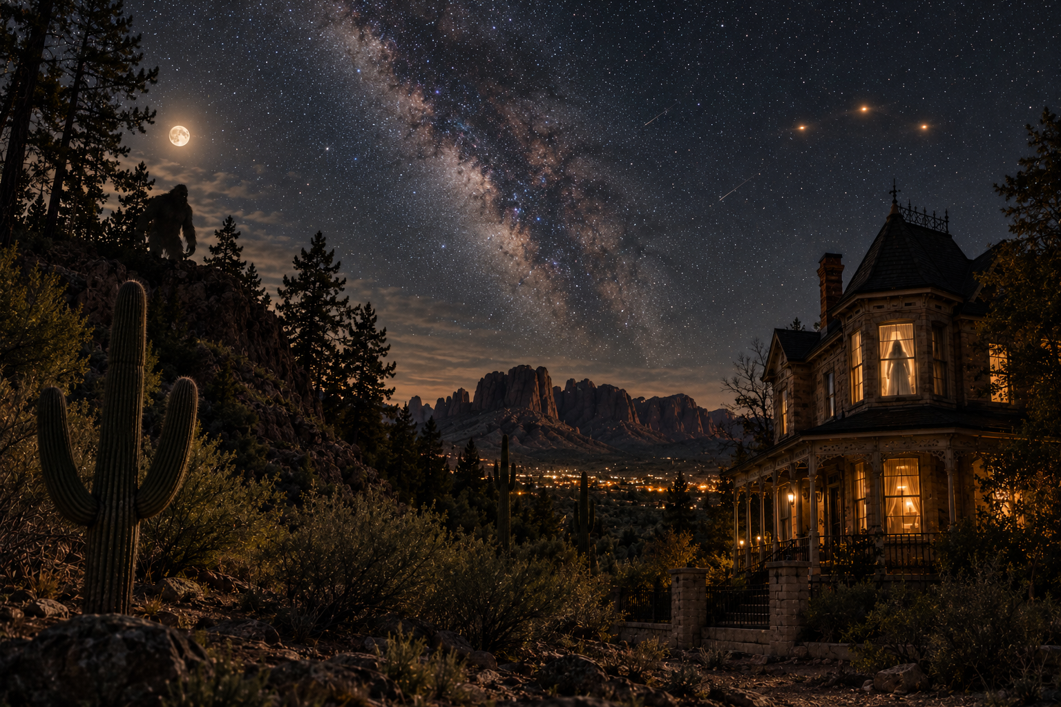 Arizona desert night with a shadowy cryptid, UFO lights and a ghostly Victorian house